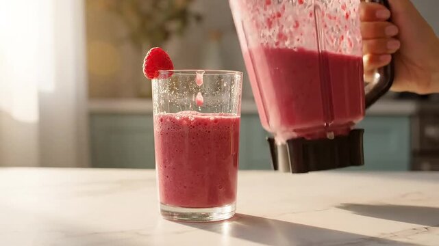 Pouring pink raspberry smoothie from blender pitcher into glass