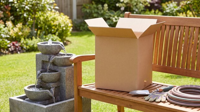 A cardboard box on a bench beside a decorative water fountain in a lush green garden