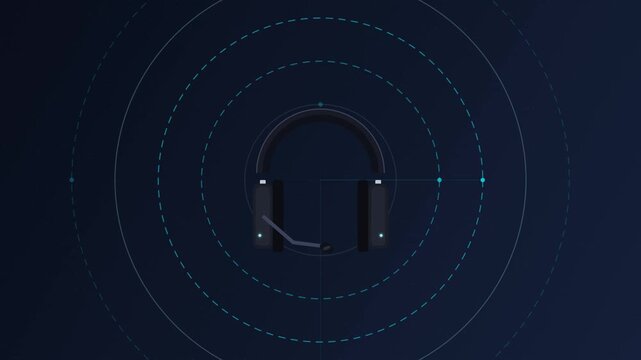 Headphone icon with chat bubble and animated blue circular pulse wave