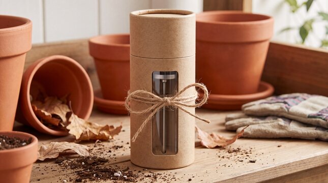 Eco-friendly compost thermometer packaged in a rustic cardboard tube, displayed on a wooden table with potted plants and autumn leaves