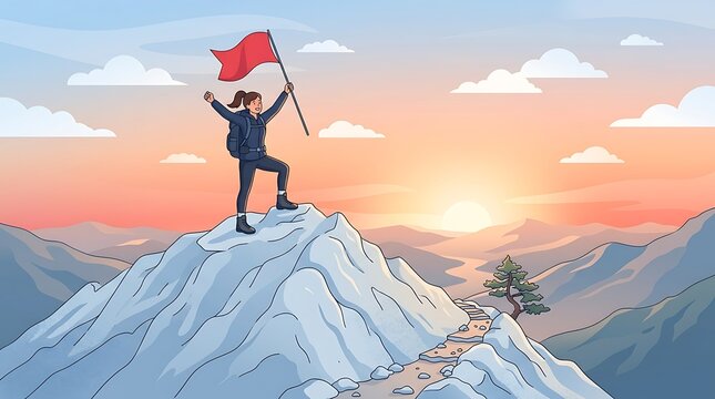 A triumphant female hiker stands on a snowy mountain peak holding a red flag during a beautiful sunrise, symbolizing success, achievement, and reaching goals