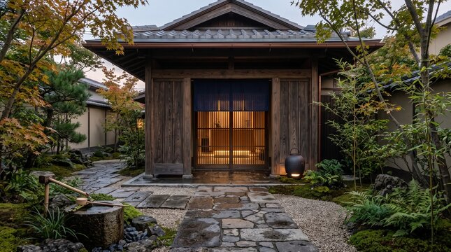 Serene traditional wooden pavilion with a stone walkway surrounded by lush greenery and a ritual water basin. Warm light glows through the sliding doors. Perfect for travel or wellness blogs.