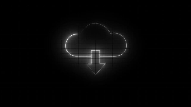 Glowing neon cloud storage with arrows, looped animation. Cloud space and technology, data backup icon.4k motion graphics video animation