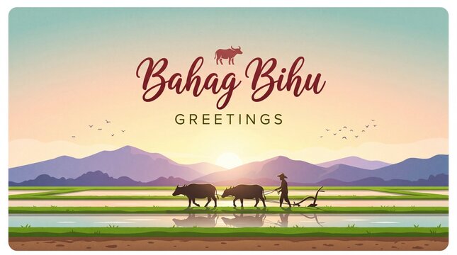 Festive bahag bihu greetings illustration with cattle mountains and a sunset backdrop