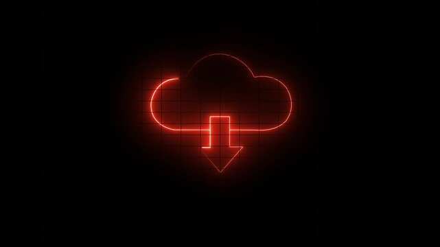Glowing neon cloud storage with arrows, looped animation. Cloud space and technology, data backup icon.4k motion graphics video animation