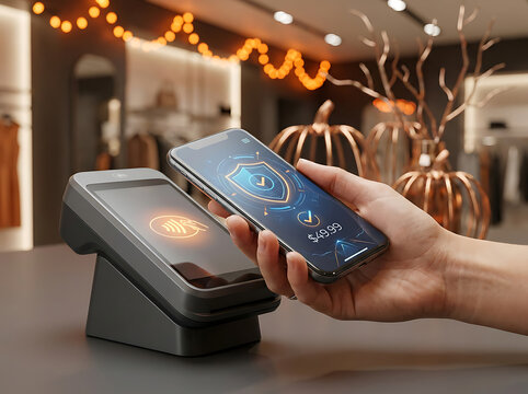 Person making secure contactless mobile payment with smartphone at store terminal counter