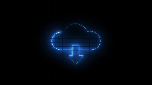 Glowing neon cloud storage with arrows, looped animation. Cloud space and technology, data backup icon.4k motion graphics video animation