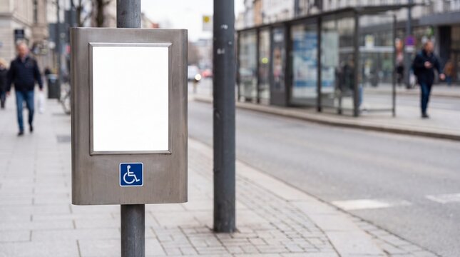 Mockup of a blank shuttle stop panel with accessibility symbol on a city street, devoid of logos or text, showing urban setting