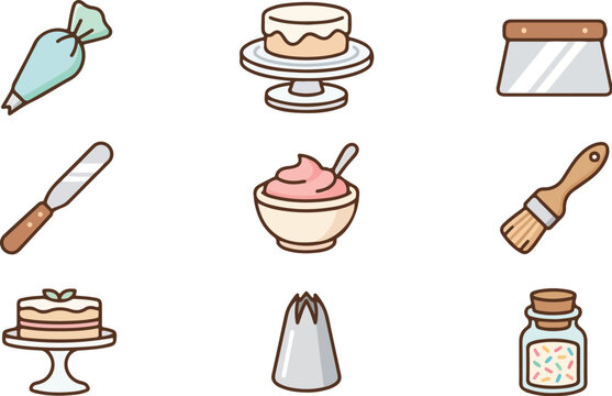 Baking Tools and Ingredients Set with Cake Stand, Piping Bag, and Spatula for Dessert Preparation Illustration