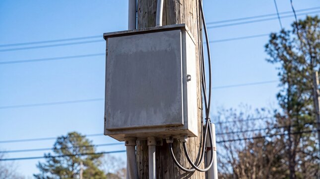 Utility pole with an empty equipment box and visible power lines against a clear blue sky and trees in the background