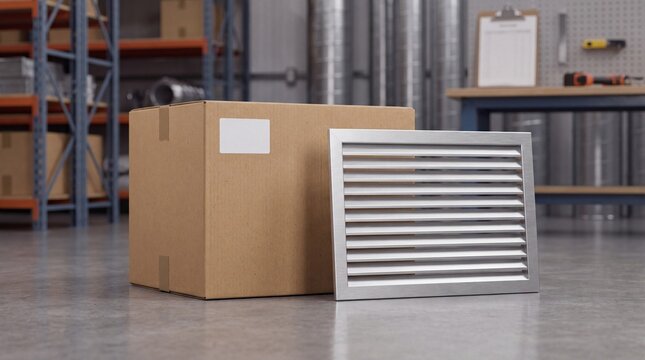 Ventilation grille beside a cardboard box in a warehouse setting, highlighting industrial elements and utilitarian design
