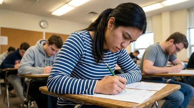 A focused young woman in a striped shirt takes an exam in a classroom, surrounded by other students working diligently at their desks
