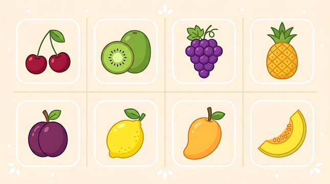 Set of various colorful fresh fruits including cherry, kiwi, grapes, pineapple, plum, lemon, mango, and melon slice in a flat vector illustration style