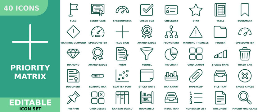 Set of 40 priority matrix and project management line icons for workflow organization