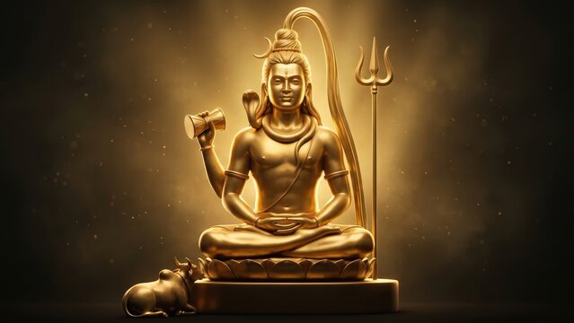 Lord Shiva with Nandi &ndash; Golden Meditating Deity with Trishul and Halo