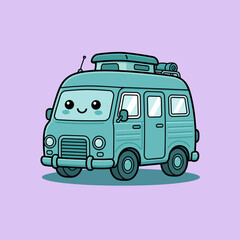 Obraz premium Cute blue camper van cartoon illustration vector graphic for travel and adventure designs