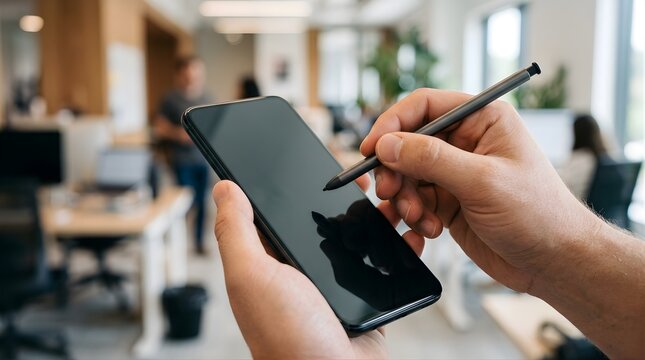 Close up of a man using a stylus pen on a smartphone in an office