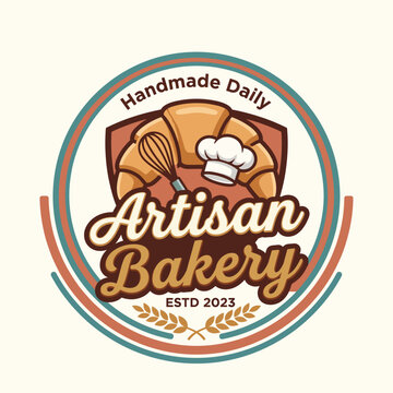 A beautifully crafted logo for an artisan bakery, featuring a croissant and cooking tools, emphasizing homemade quality and fresh ingredients established in 2023.