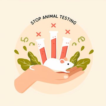 Hand holding small white mouse near test tubes promoting stop animal testing concept