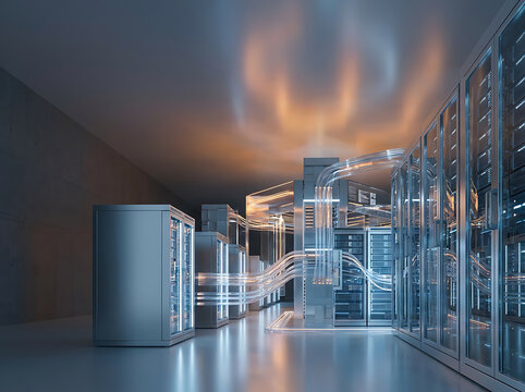Modern server infrastructure with orange light trails representing high speed data transfer and cloud network connectivity in a digital center