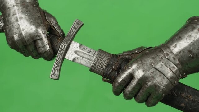 Medieval knight in steel gauntlets slowly drawing a sharp steel sword from a leather scabbard, close up of armored hands preparing for historic battles on green screen chroma key background