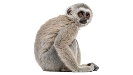 Small wild grey gibbon monkey sitting profile view isolated on transparent background. © Rosie Rogers