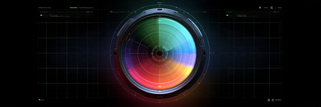 Abstrakter Technologie-Hintergrund mit buntem Farbrad, Kreis und HUD-Elementen auf dunklem Grund, Bannerformat