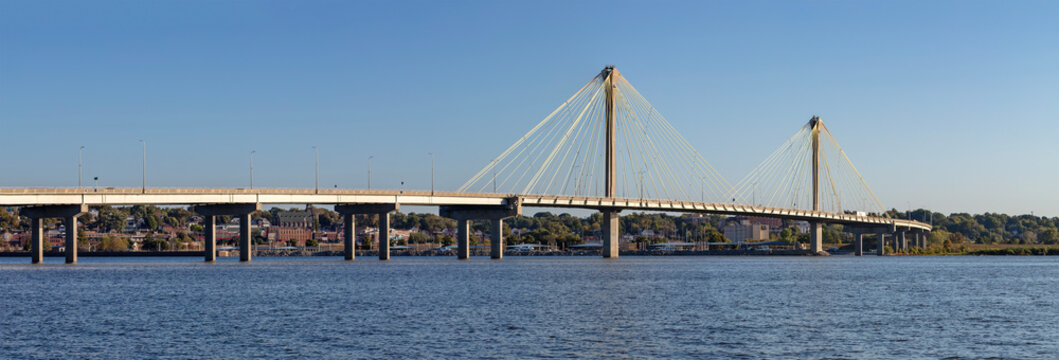 Panoramic view of the Clark Bridge and Alton, Illinois from the Mississippi River