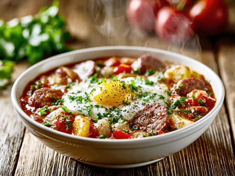 Rustic Potato Sausage Stew with Fried Egg &ndash; AI Generative