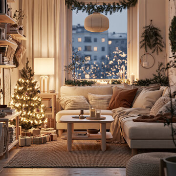 Cozy Christmas Living Room in Modern City Apartment