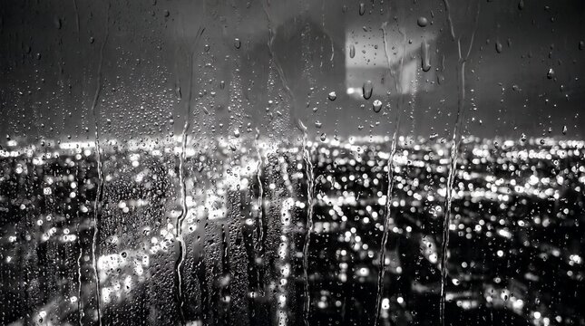 Panoramic Rain Covered Glass Overlooking Metropolitan Night City Bokeh
