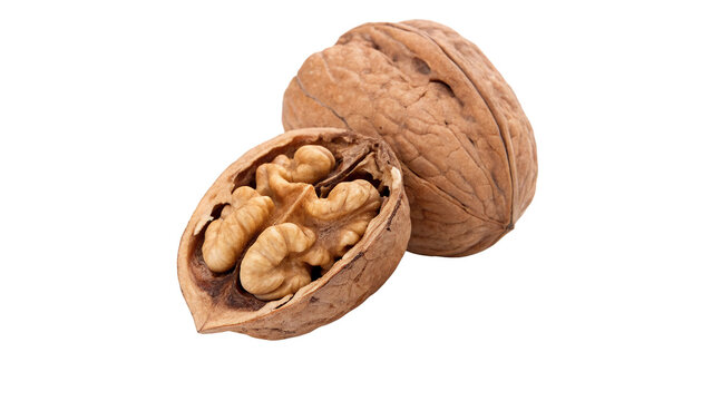 Whole and cracked open natural walnut nut shell isolated on transparent background.