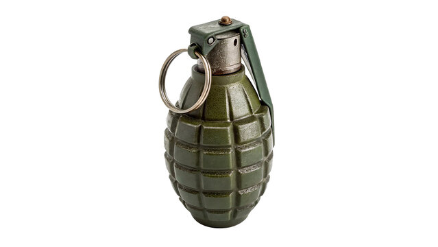Classic military green defensive fragmentation hand grenade weapon isolated on transparent background.