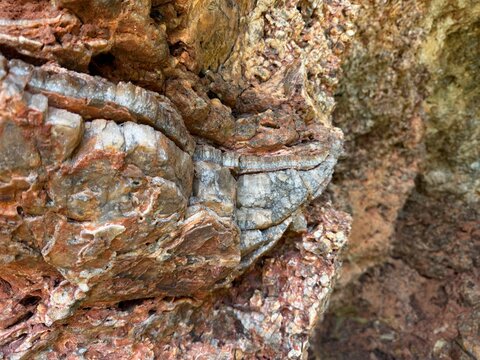 Geologic rock formation showing intricate layers of minerals and sedimentary deposits, highlighting the textured surface and natural erosion over time in manacor, balearic islands, spain