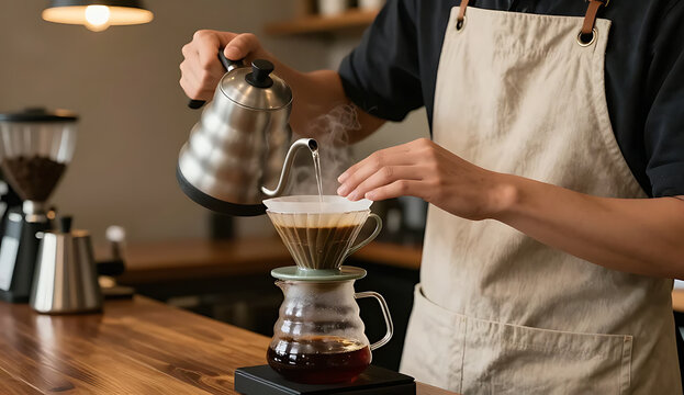 Barista pouring coffee through hario v60 dripper in modern caf&eacute; workspace with transparent background PNG, 4K, HD Image