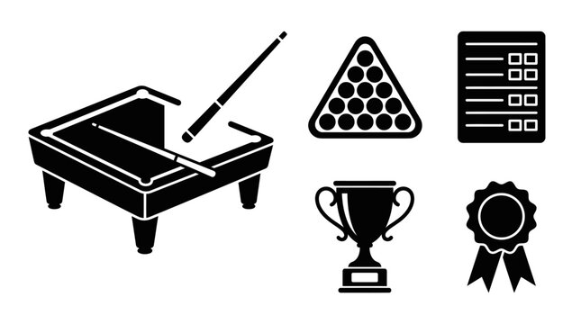 Billiard Game Icons Set: Pool Table, Balls, Cue Stick, Scorecard, Trophy, and Award