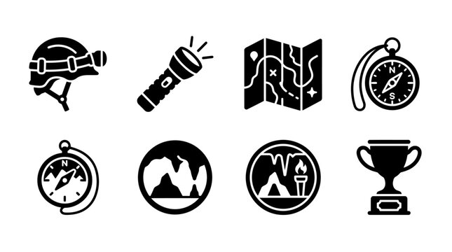 Adventure Icons: Helmet, Flashlight, Map, Compass, Trophy, Cave, Torch, Set