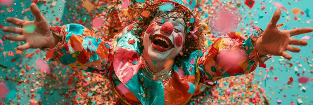 Fr&ouml;hlicher Clown mit roter Nase und buntem Kost&uuml;m breitet Arme aus, umgeben von fliegendem Konfetti