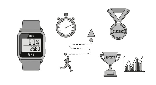 Fitness Tracker, Stopwatch, Runner, Trophy, Medal, Success Concept, Vector Icons