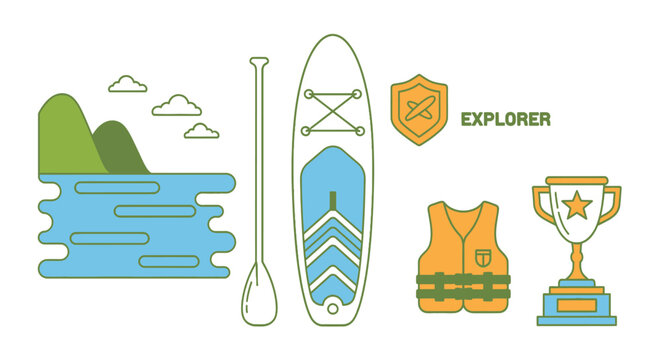 Stand Up Paddleboard Adventure Vector Icons: Lake, Mountains, Paddle, Life Vest, Trophy, Shield