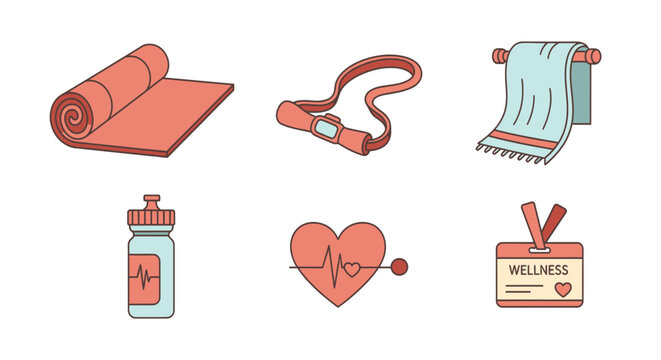 Fitness and Wellness Icons Set: Yoga Mat, Resistance Band, Towel, Water Bottle, Heartbeat, Badge