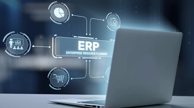 A sleek laptop with an ERP concept displayed on the screen, showcasing data visualization elements in a modern office, symbolizing business efficiency and innovation. Salient