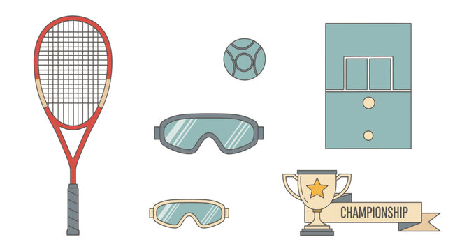 Tennis Racquet, Ball, Goggles, Court, Trophy, Championship - Sports Equipment Flat Icons