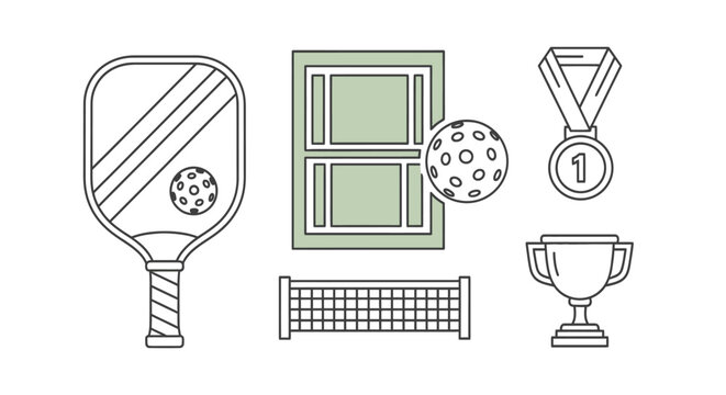 Pickleball Sport Icons: Paddle, Ball, Court, Net, Trophy, Medal