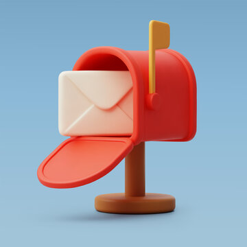 3D Vector Red mailbox with white closed envelopes, Correspondence, Communication, Delivery, Letters and Traditional messaging concept.