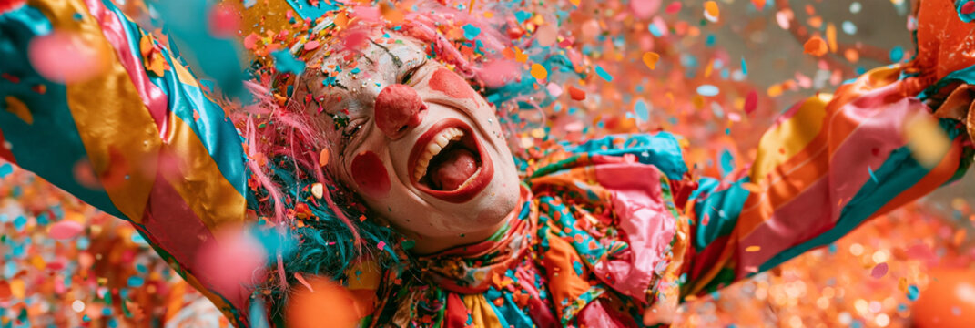 Fr&ouml;hlicher Clown mit roter Nase und buntem Kost&uuml;m breitet Arme aus, umgeben von fliegendem Konfetti