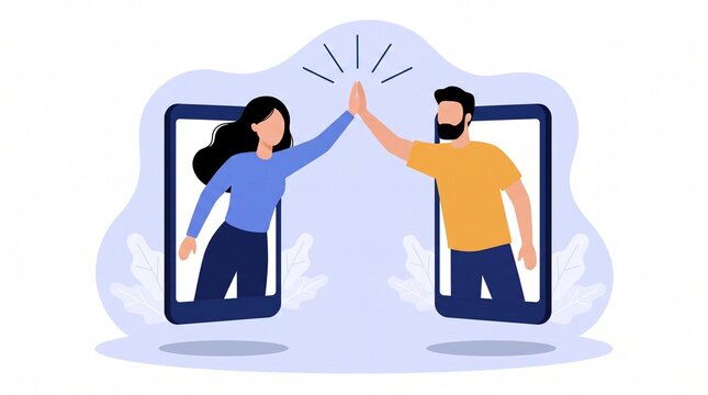 Vector illustration of man and woman giving virtual high five