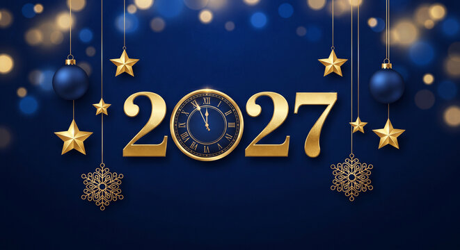 Golden numbers twenty twenty seven featuring an elegant antique clock face centerpiece hanging surrounded by festive glowing stars and luxury blue ornaments against a soft dark navy bokeh blurred back