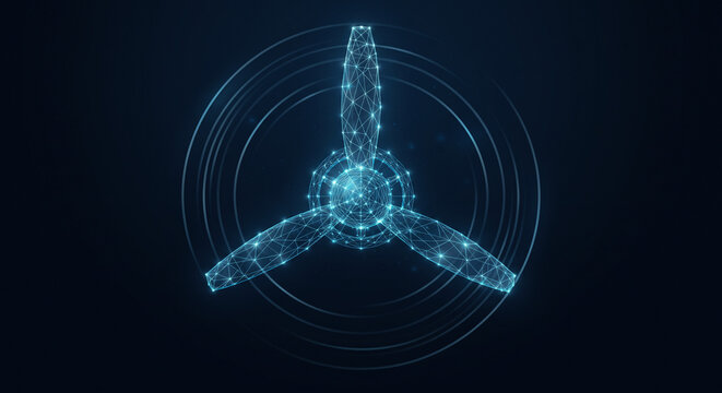 Digital wireframe airplane propeller constructed from glowing blue lines and nodes on a dark background showing futuristic engineering concepts for aerospace innovation with clean geometric precision 