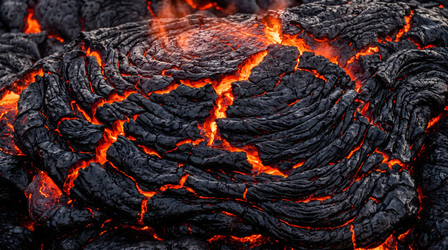 Cooling pahoehoe lava black crust glowing red cracks texture
